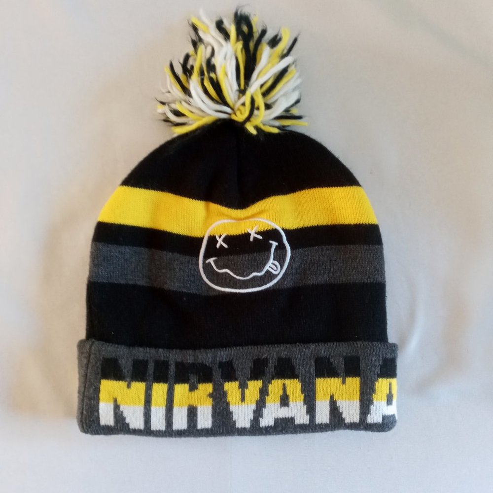 Nirvana Smiley Face Toque Hat One Size Black Yellow Grey White